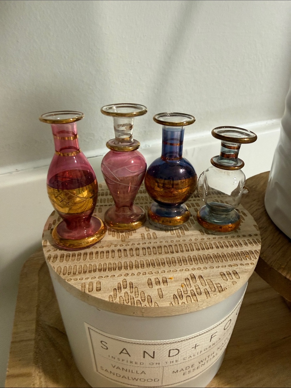 Handblown Glass Bud Vases Set — Pink, Blue, Clear with Gold Trim